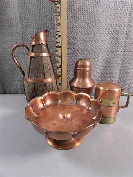 COPPER CANDY DISH, SALT & CHEESE SHAKERS & RUSTIC WOODEN PITCHER