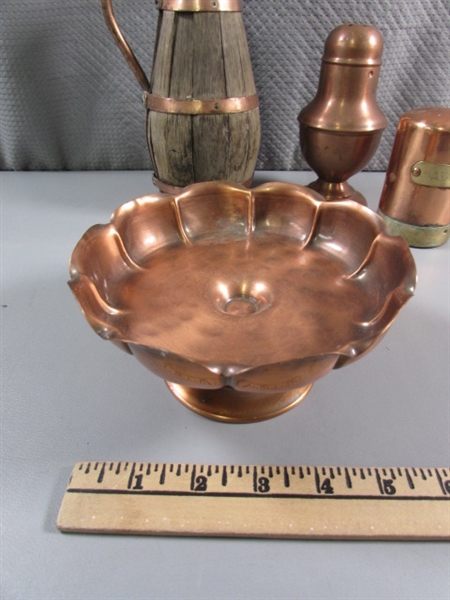 COPPER CANDY DISH, SALT & CHEESE SHAKERS & RUSTIC WOODEN PITCHER