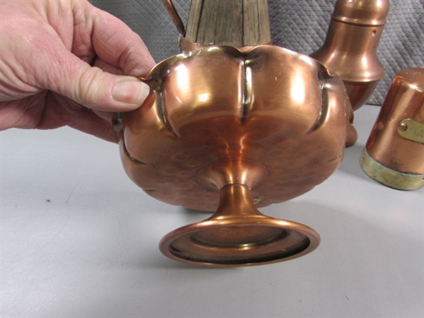 COPPER CANDY DISH, SALT & CHEESE SHAKERS & RUSTIC WOODEN PITCHER