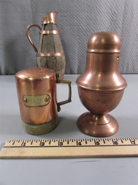 COPPER CANDY DISH, SALT & CHEESE SHAKERS & RUSTIC WOODEN PITCHER