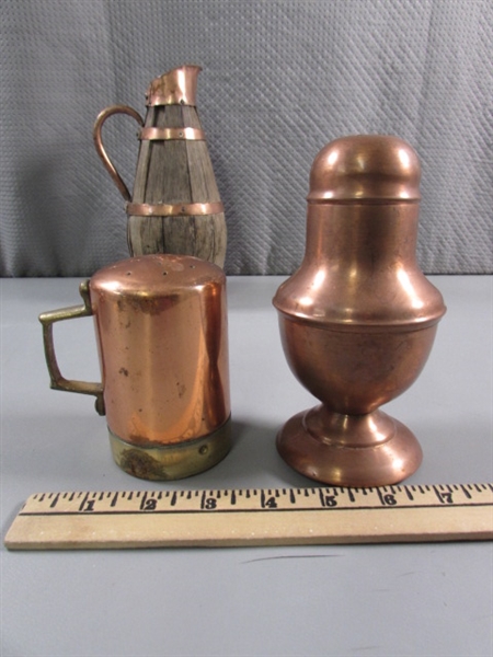 COPPER CANDY DISH, SALT & CHEESE SHAKERS & RUSTIC WOODEN PITCHER