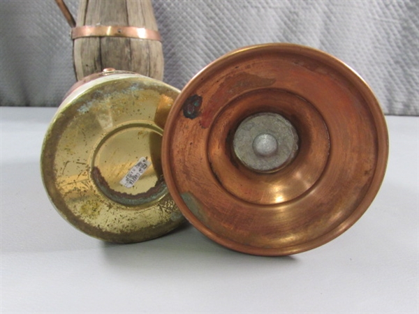 COPPER CANDY DISH, SALT & CHEESE SHAKERS & RUSTIC WOODEN PITCHER