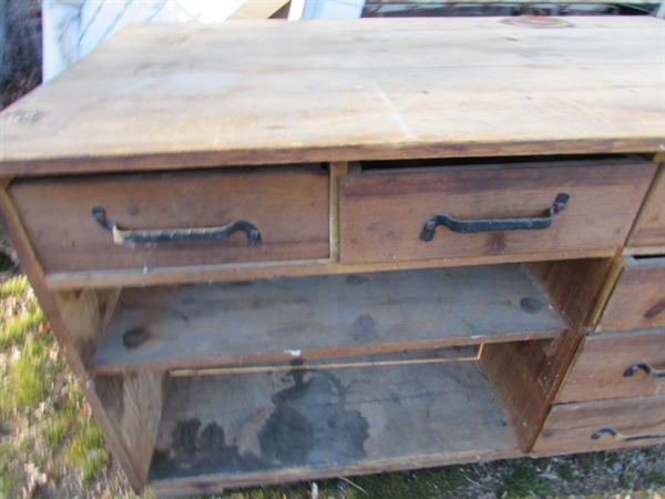 SOLID WOOD WORKBENCH W/DRAWERS & SHELVES