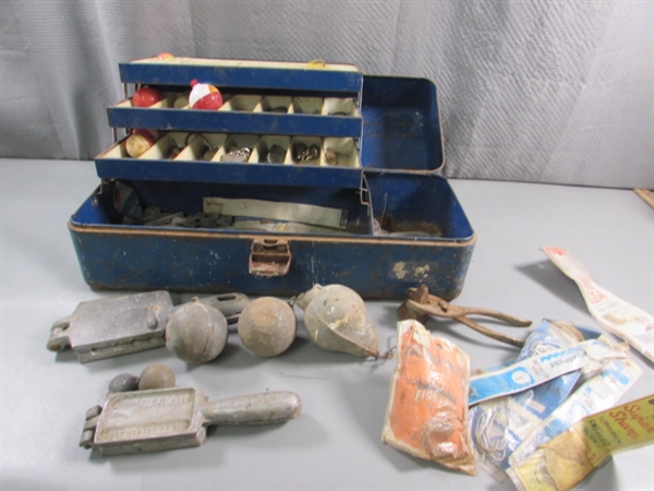 METAL TOOL BOX W/FISHING SUPPLIES, LEAD WEIGHTS, LEAD MOLDS & MORE