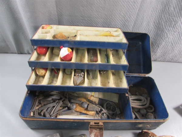 METAL TOOL BOX W/FISHING SUPPLIES, LEAD WEIGHTS, LEAD MOLDS & MORE