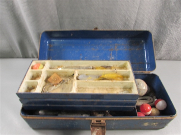 METAL TOOL BOX W/FISHING SUPPLIES, LEAD WEIGHTS, LEAD MOLDS & MORE