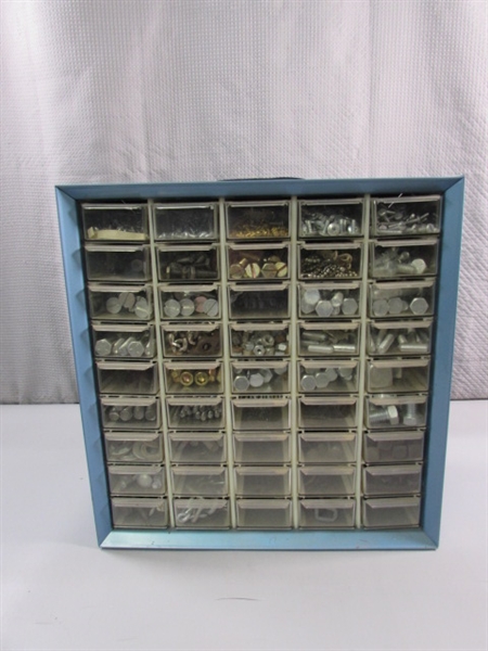 METAL 45-DRAWER STORAGE ORGANIZER FULL OF ASSORTED HARDWARE