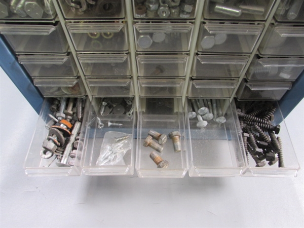 METAL 45-DRAWER STORAGE ORGANIZER FULL OF ASSORTED HARDWARE