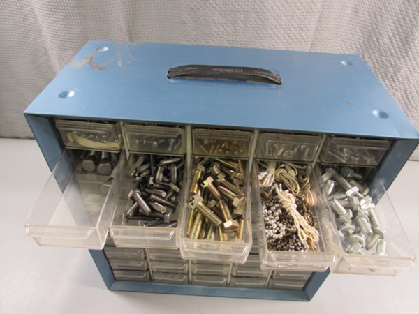 METAL 45-DRAWER STORAGE ORGANIZER FULL OF ASSORTED HARDWARE