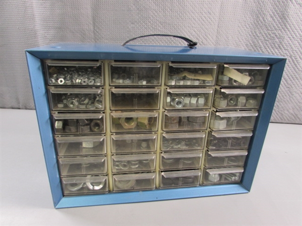 METAL 24-DRAWER STORAGE ORGANIZER W/ASSORTED NUTS & WASHERS