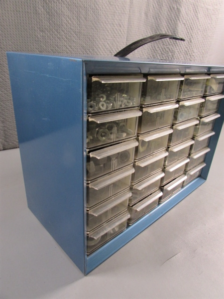 METAL 24-DRAWER STORAGE ORGANIZER W/ASSORTED NUTS & WASHERS