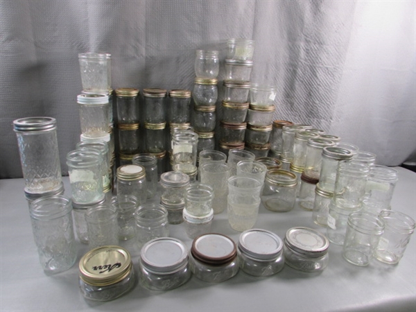 ASSORTED SIZES & SHAPES OF JELLY JARS - BALL, KERR & MISC