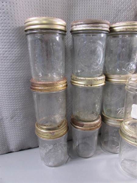 ASSORTED SIZES & SHAPES OF JELLY JARS - BALL, KERR & MISC