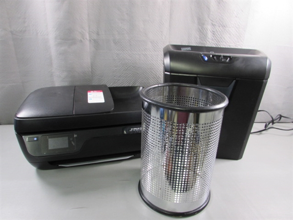 HP OFFICEJET 3830 PRINTER, STAPLES PAPER SHREDDER & SMALL TRASH CAN