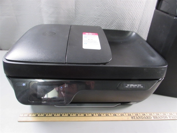 HP OFFICEJET 3830 PRINTER, STAPLES PAPER SHREDDER & SMALL TRASH CAN