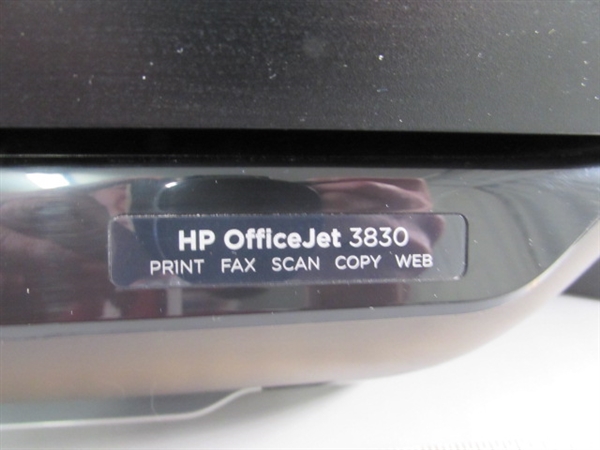 HP OFFICEJET 3830 PRINTER, STAPLES PAPER SHREDDER & SMALL TRASH CAN