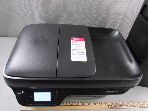 HP OFFICEJET 3830 PRINTER, STAPLES PAPER SHREDDER & SMALL TRASH CAN