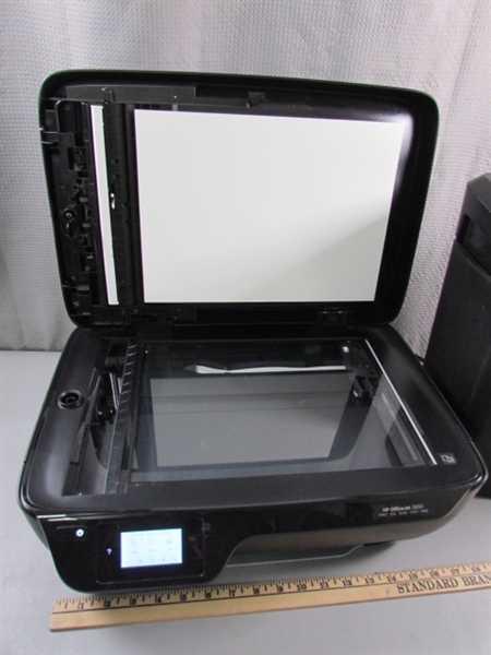 HP OFFICEJET 3830 PRINTER, STAPLES PAPER SHREDDER & SMALL TRASH CAN