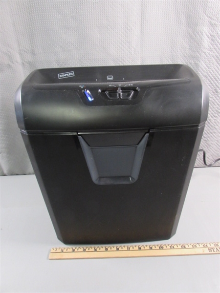 HP OFFICEJET 3830 PRINTER, STAPLES PAPER SHREDDER & SMALL TRASH CAN