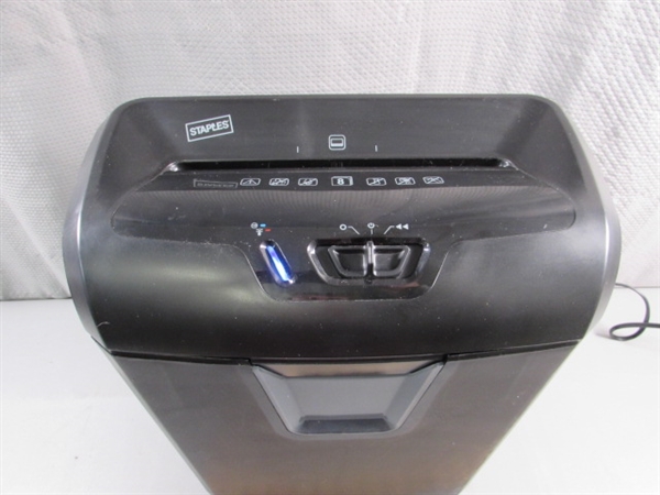 HP OFFICEJET 3830 PRINTER, STAPLES PAPER SHREDDER & SMALL TRASH CAN