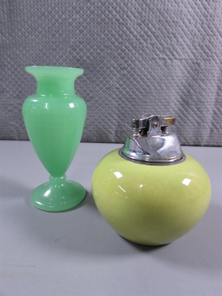 VINTAGE CERAMIC 'BRADLOW' LIGHTER & GREEN GLASS CANDLE HOLDER