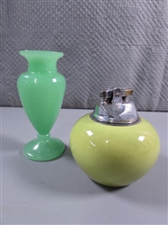 VINTAGE CERAMIC BRADLOW LIGHTER & GREEN GLASS CANDLE HOLDER