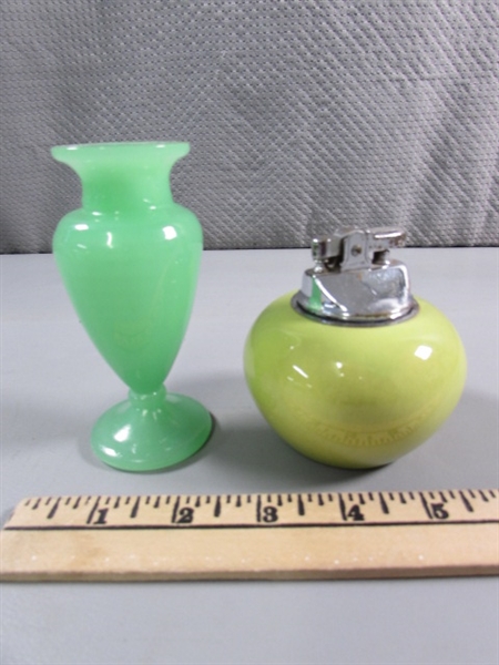 VINTAGE CERAMIC 'BRADLOW' LIGHTER & GREEN GLASS CANDLE HOLDER