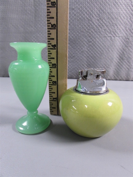 VINTAGE CERAMIC 'BRADLOW' LIGHTER & GREEN GLASS CANDLE HOLDER