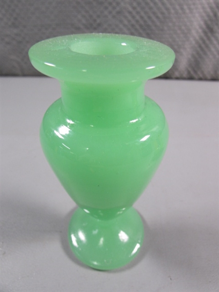 VINTAGE CERAMIC 'BRADLOW' LIGHTER & GREEN GLASS CANDLE HOLDER