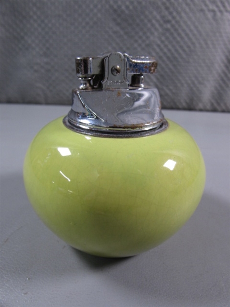 VINTAGE CERAMIC 'BRADLOW' LIGHTER & GREEN GLASS CANDLE HOLDER