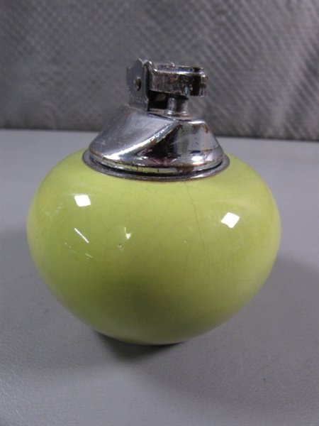 VINTAGE CERAMIC 'BRADLOW' LIGHTER & GREEN GLASS CANDLE HOLDER