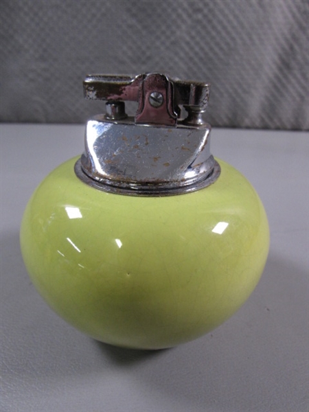 VINTAGE CERAMIC 'BRADLOW' LIGHTER & GREEN GLASS CANDLE HOLDER