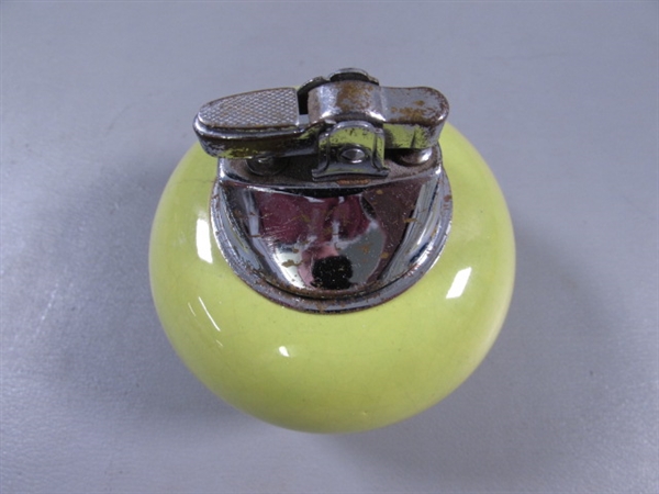 VINTAGE CERAMIC 'BRADLOW' LIGHTER & GREEN GLASS CANDLE HOLDER