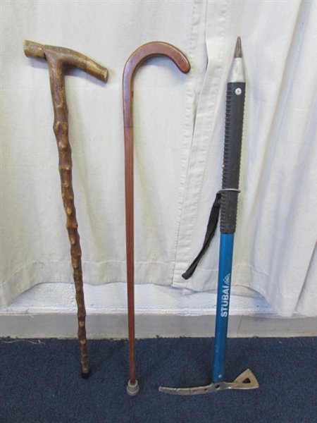 STUBAI ICE CLIMBING PICK & 2 WOODEN WALKING STICKS