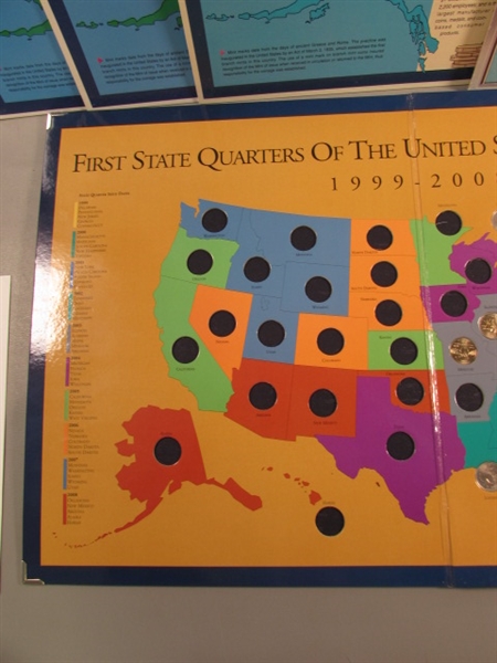 6 STATE QUARTER COLLECTORS MAPS W/SOME QUARTERS & SACAJAWEA $1 COINS