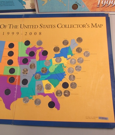 6 STATE QUARTER COLLECTORS MAPS W/SOME QUARTERS & SACAJAWEA $1 COINS