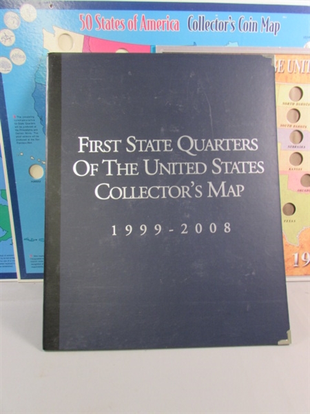 6 STATE QUARTER COLLECTORS MAPS W/SOME QUARTERS & SACAJAWEA $1 COINS