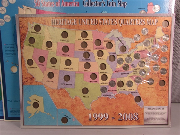 6 STATE QUARTER COLLECTORS MAPS W/SOME QUARTERS & SACAJAWEA $1 COINS