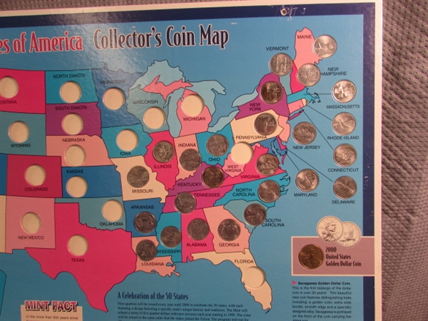 6 STATE QUARTER COLLECTORS MAPS W/SOME QUARTERS & SACAJAWEA $1 COINS