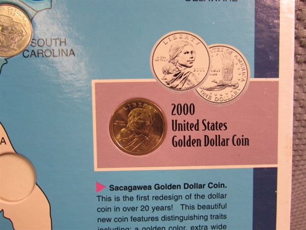 6 STATE QUARTER COLLECTORS MAPS W/SOME QUARTERS & SACAJAWEA $1 COINS