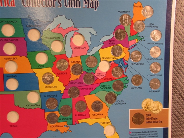 6 STATE QUARTER COLLECTORS MAPS W/SOME QUARTERS & SACAJAWEA $1 COINS