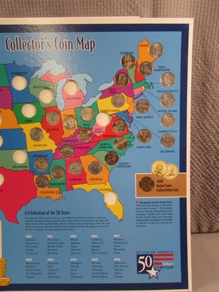 6 STATE QUARTER COLLECTORS MAPS W/SOME QUARTERS & SACAJAWEA $1 COINS