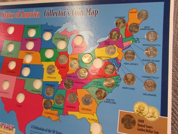 6 STATE QUARTER COLLECTORS MAPS W/SOME QUARTERS & SACAJAWEA $1 COINS