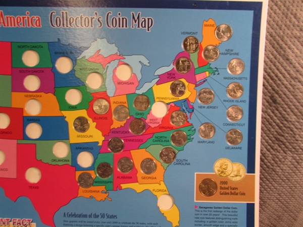 6 STATE QUARTER COLLECTORS MAPS W/SOME QUARTERS & SACAJAWEA $1 COINS