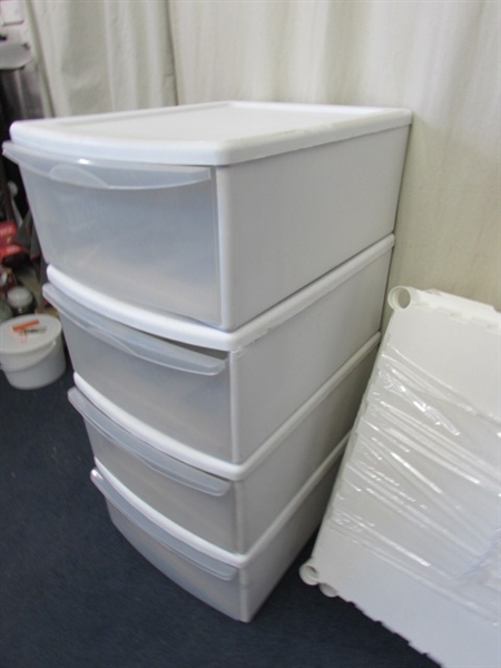 SET OF 4 'STERILITE' STORAGE DRAWERS & PLASTIC SHELVING UNIT