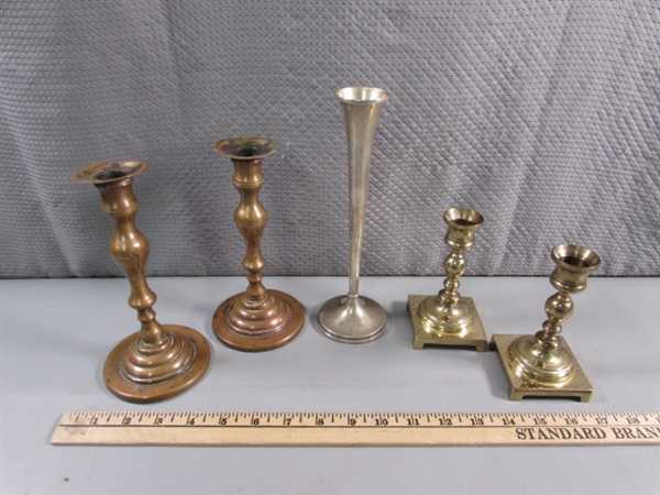 COPPER & BRASS CANDLESTICKS & STERLING (WEIGHTED) BUD VASE