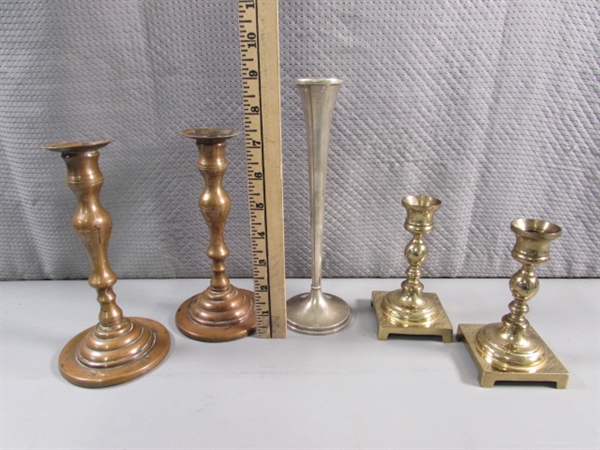 COPPER & BRASS CANDLESTICKS & STERLING (WEIGHTED) BUD VASE