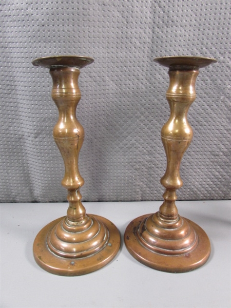 COPPER & BRASS CANDLESTICKS & STERLING (WEIGHTED) BUD VASE