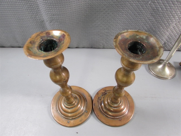 COPPER & BRASS CANDLESTICKS & STERLING (WEIGHTED) BUD VASE