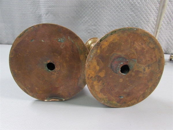 COPPER & BRASS CANDLESTICKS & STERLING (WEIGHTED) BUD VASE